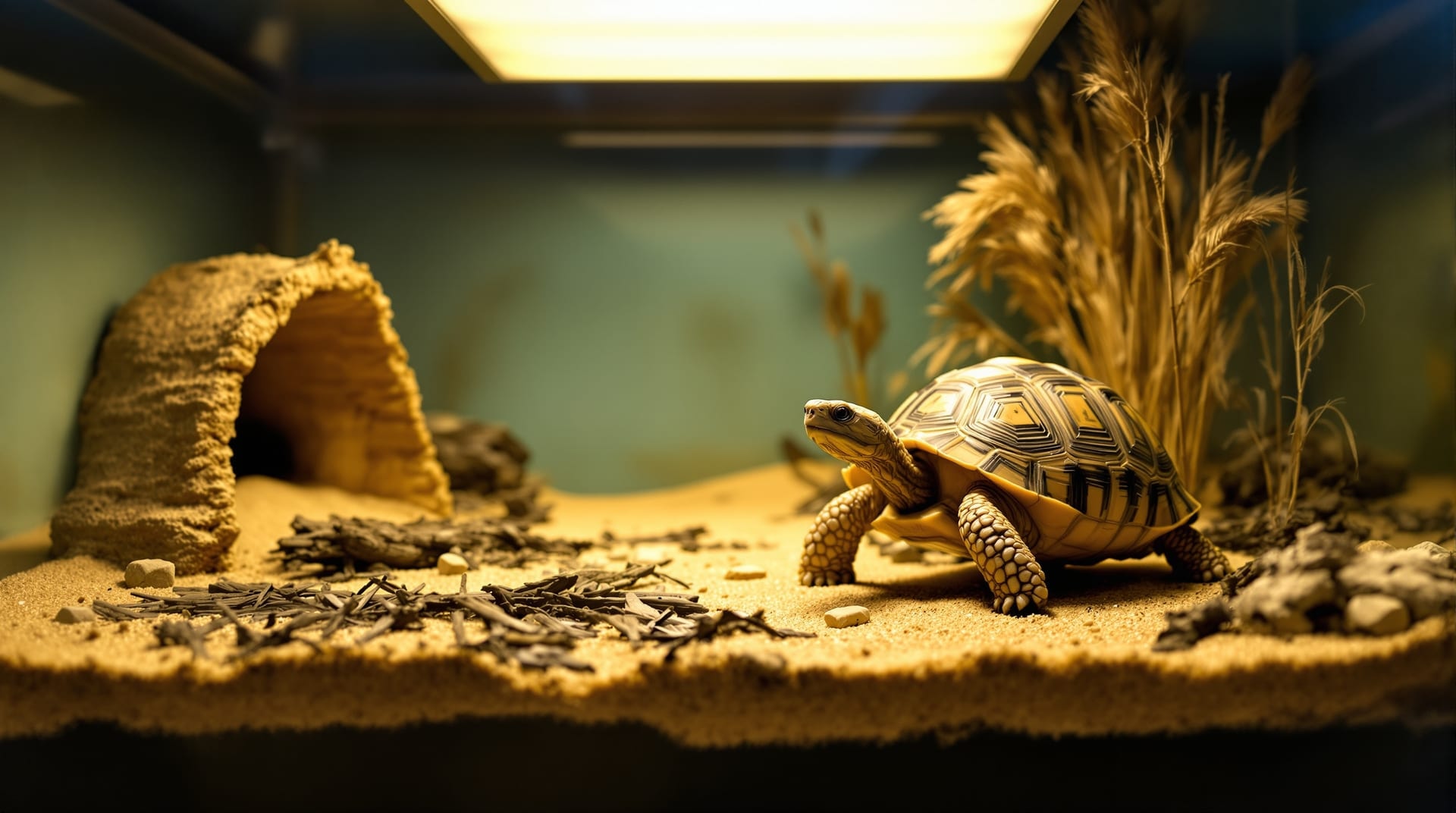 Berendezett terrárium meleg és hűvösebb zónával, benne egy szárazföldi teknős sütkérezik az UV-lámpa alatt