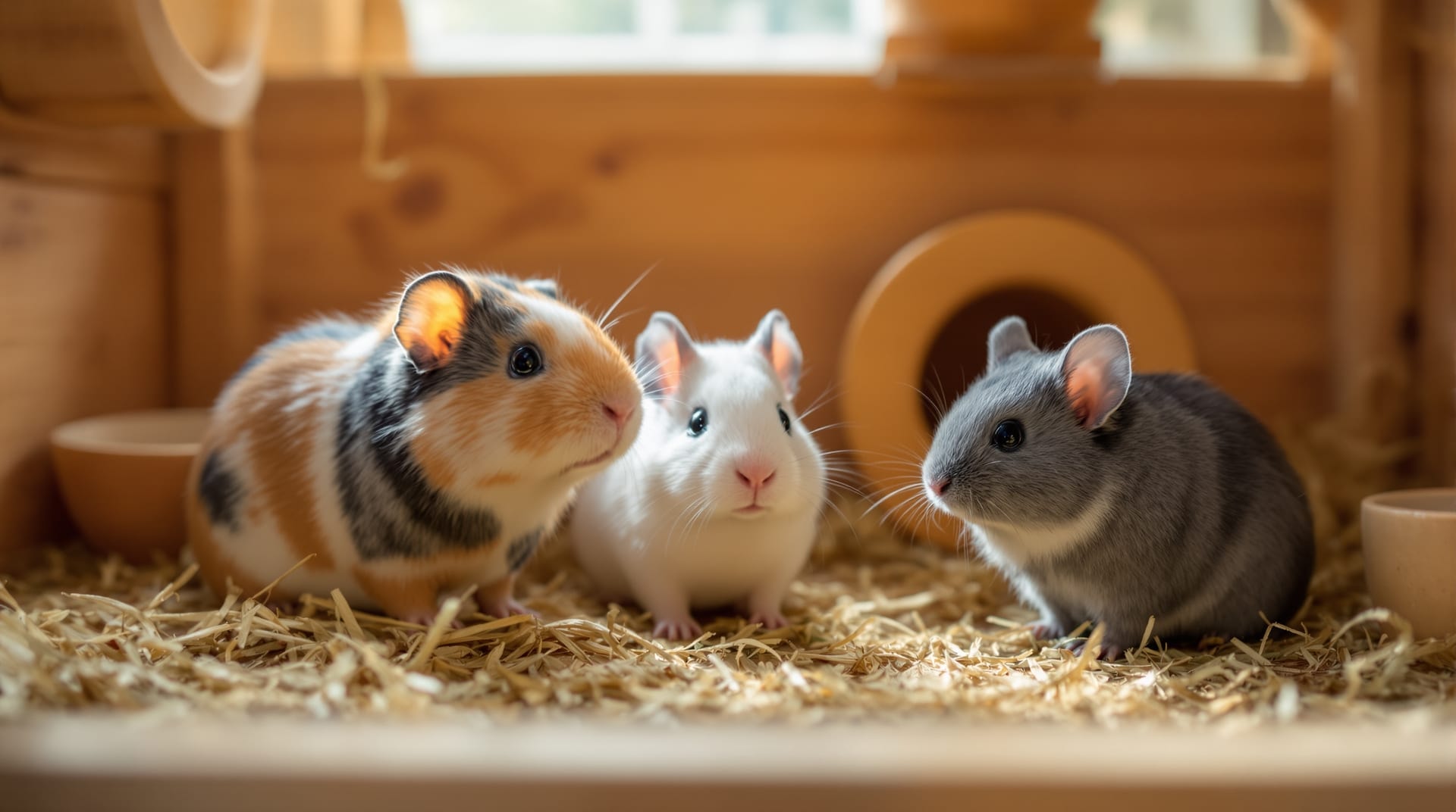 Két tengerimalac szénában, mellettük friss zöldség egy tágas, aljzattal ellátott kisállatketrecben